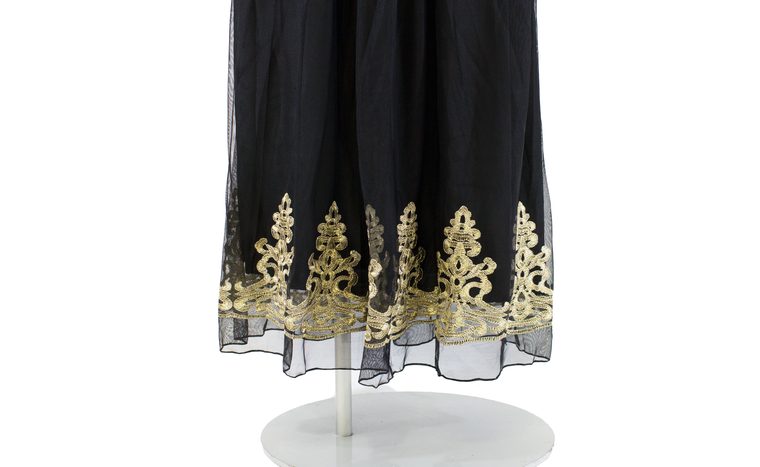 long sleeve maxi dress with gold embroidery on the chest and ends
