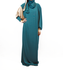 tan and teal one piece prayer abaya with sleeves and a wrap on attached hijab