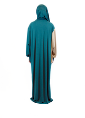 tan and teal one piece prayer abaya with sleeves and a wrap on attached hijab