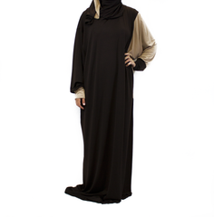 tan and brown one piece prayer abaya with sleeves and a wrap on attached hijab