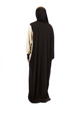 tan and brown one piece prayer abaya with sleeves and a wrap on attached hijab