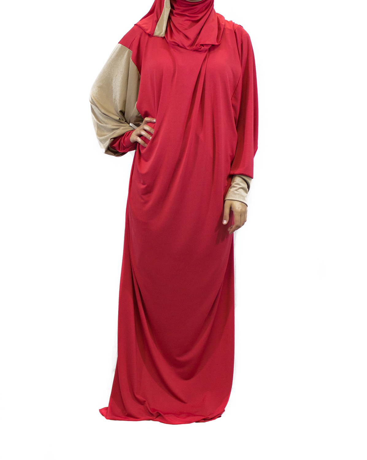 tan and salmon pink one piece prayer abaya with sleeves and a wrap on attached hijab