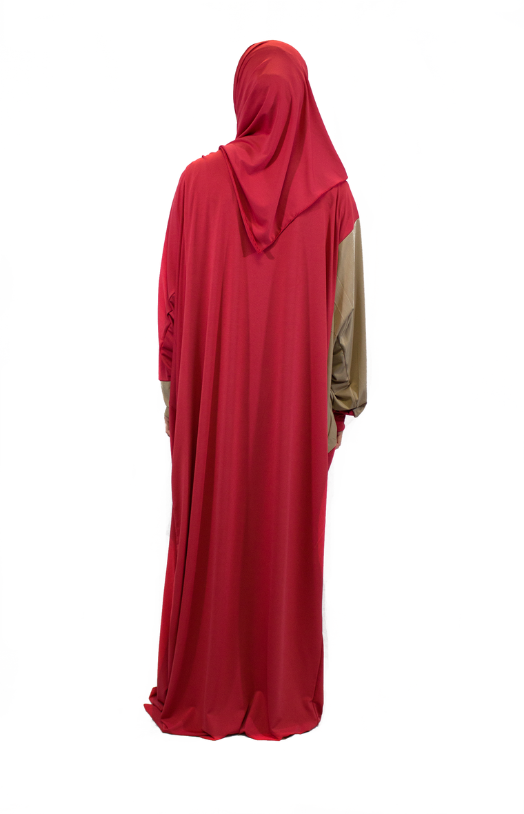 tan and salmon pink one piece prayer abaya with sleeves and a wrap on attached hijab