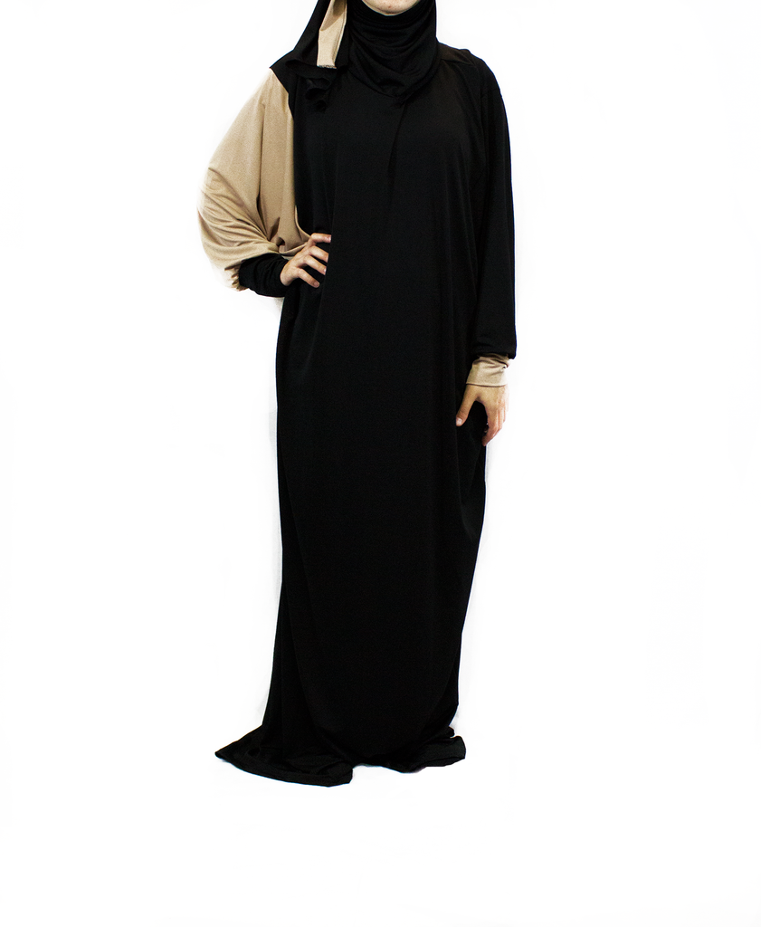 black and brown one piece prayer abaya with sleeves and a wrap on attached hijab