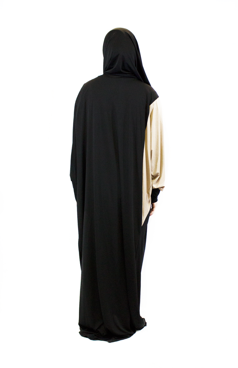 black and brown one piece prayer abaya with sleeves and a wrap on attached hijab