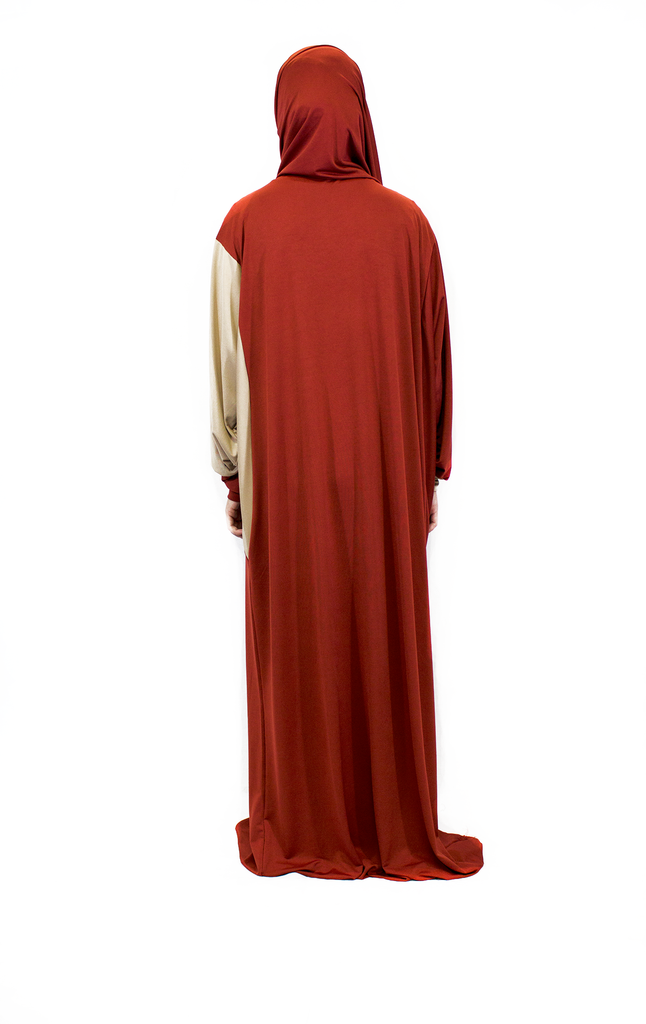 tan and burnt orange one piece prayer abaya with sleeves and a wrap on attached hijab