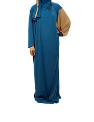 tan and royal blue one piece prayer abaya with sleeves and a wrap on attached hijab
