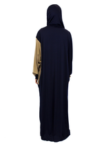 dark blue and brown one piece prayer abaya with sleeves and a wrap on attached hijab