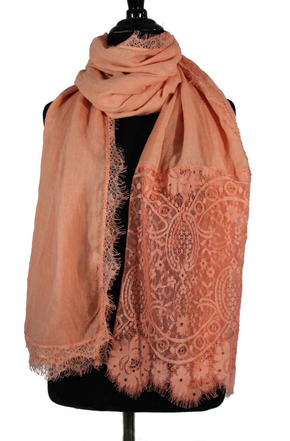 salmon coral pink premium viscose hijab with lace ends and lace trim