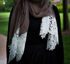 tan brown solid viscose hijab with white embroidery lace on the ends