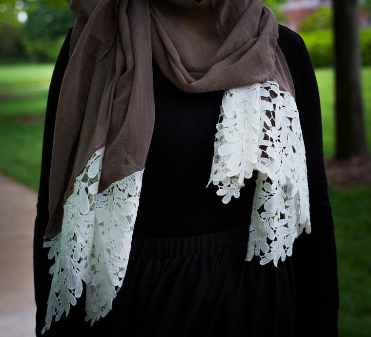 White Embroidery Lace Hijab - Tan