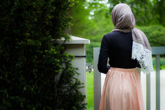 tan brown solid viscose hijab with white embroidery lace on the ends