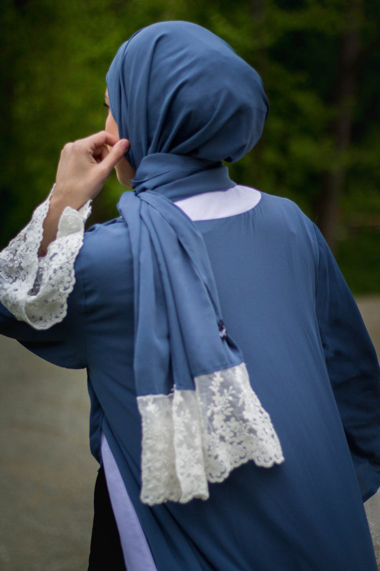 Lace Sleeve Open Abaya - Blue (Spring Meadow Lace)
