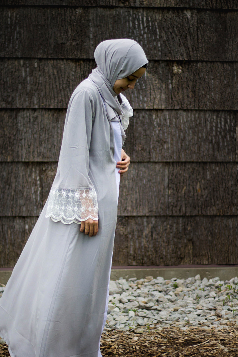 Lace Sleeve Open Abaya - Silver (Magnolia Floral Lace)