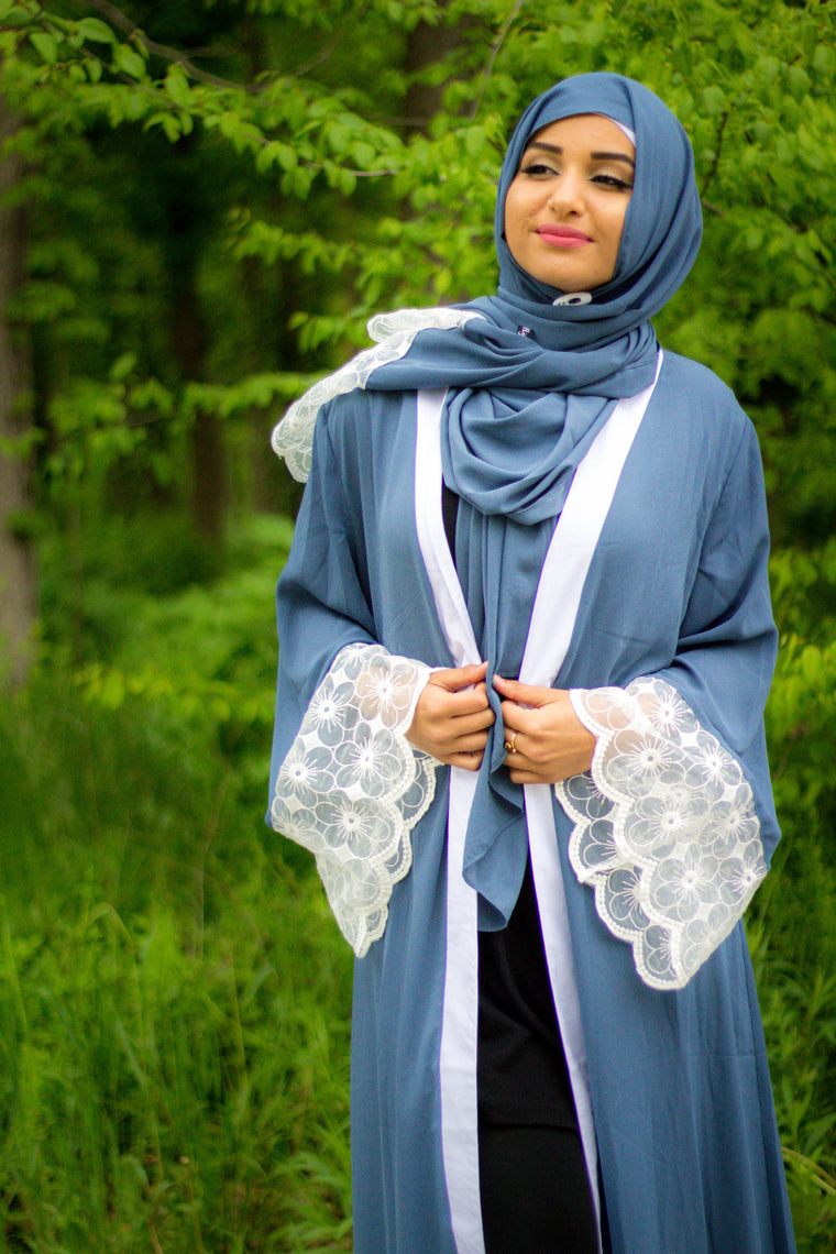 Lace Sleeve Open Abaya - Blue (Magnolia Floral Lace)