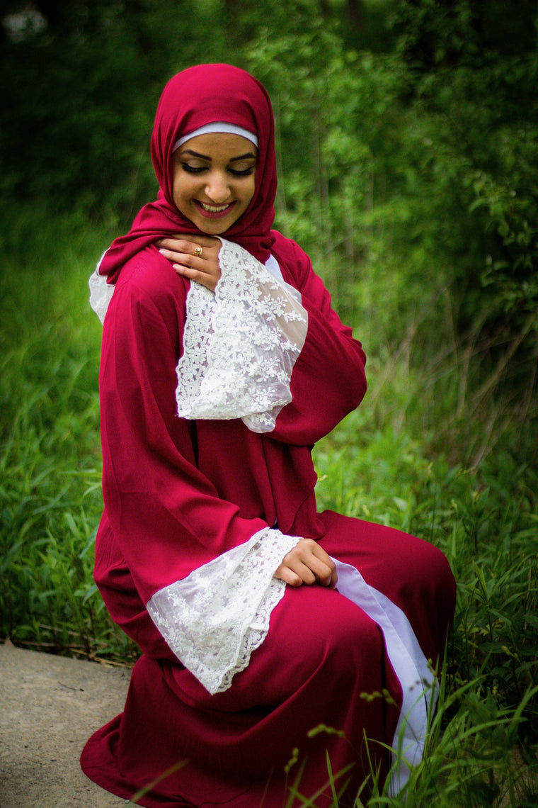 Lace Sleeve Open Abaya - Red (Spring Meadow Lace)