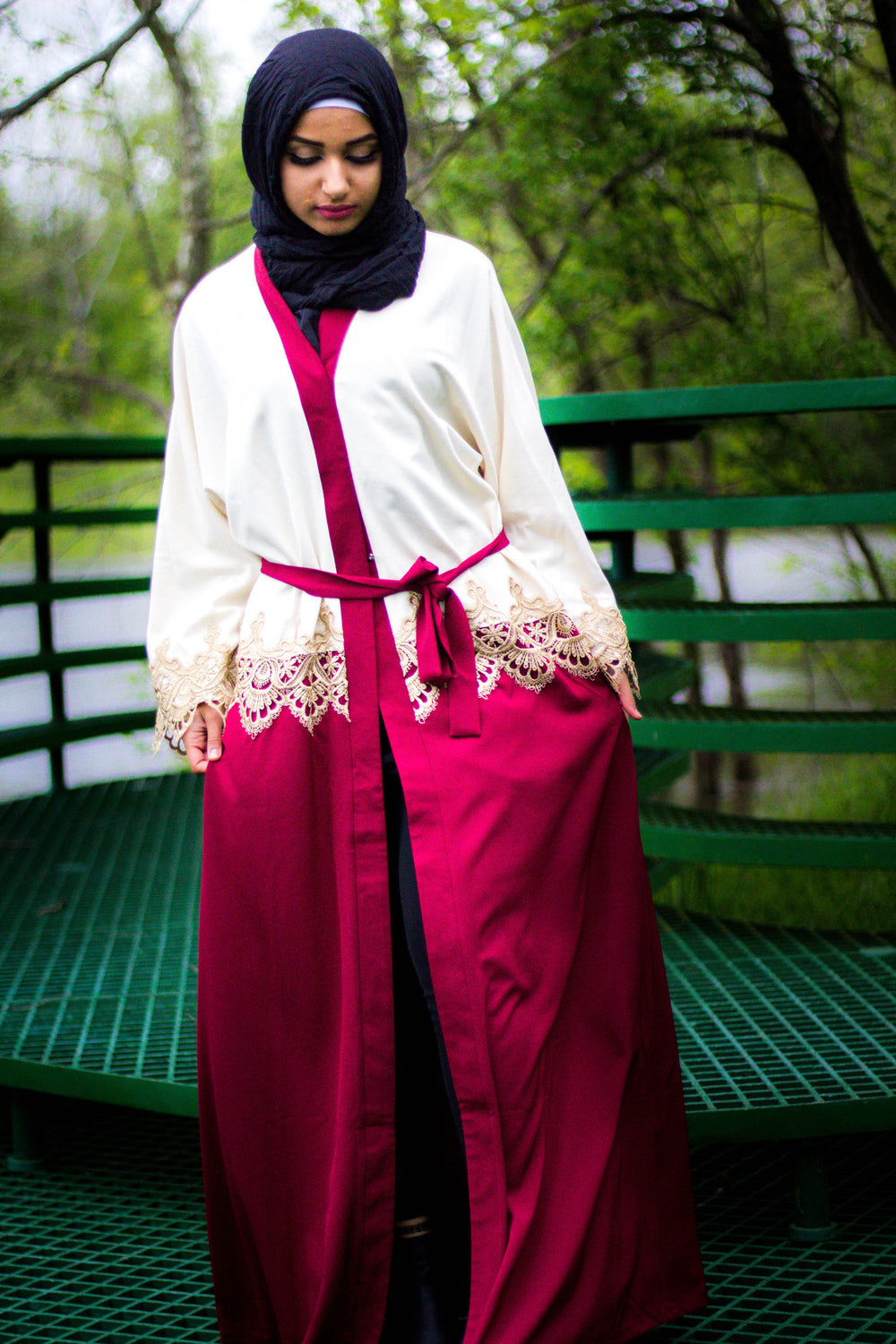 creme and maroon two toned abaya with gold trim and waist tie