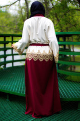 creme and maroon two toned abaya with gold trim and waist tie