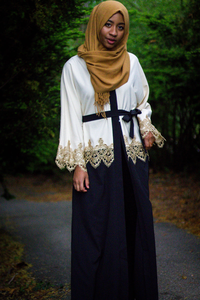 Two-Toned Abaya with Gold Lace Trim - Cream & Black