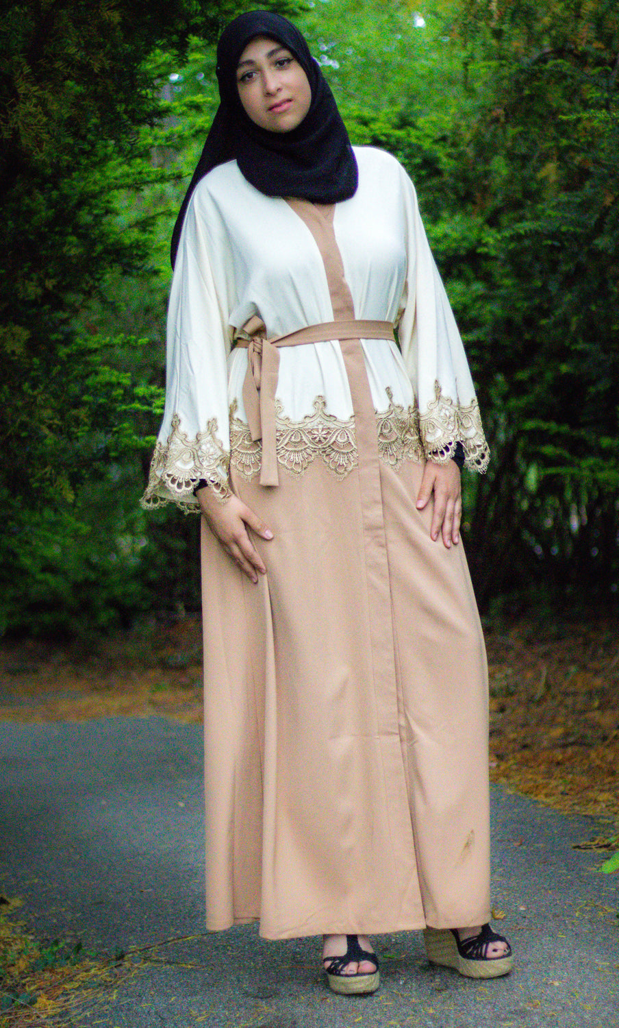 creme and tan two toned abaya with gold trim and waist tie