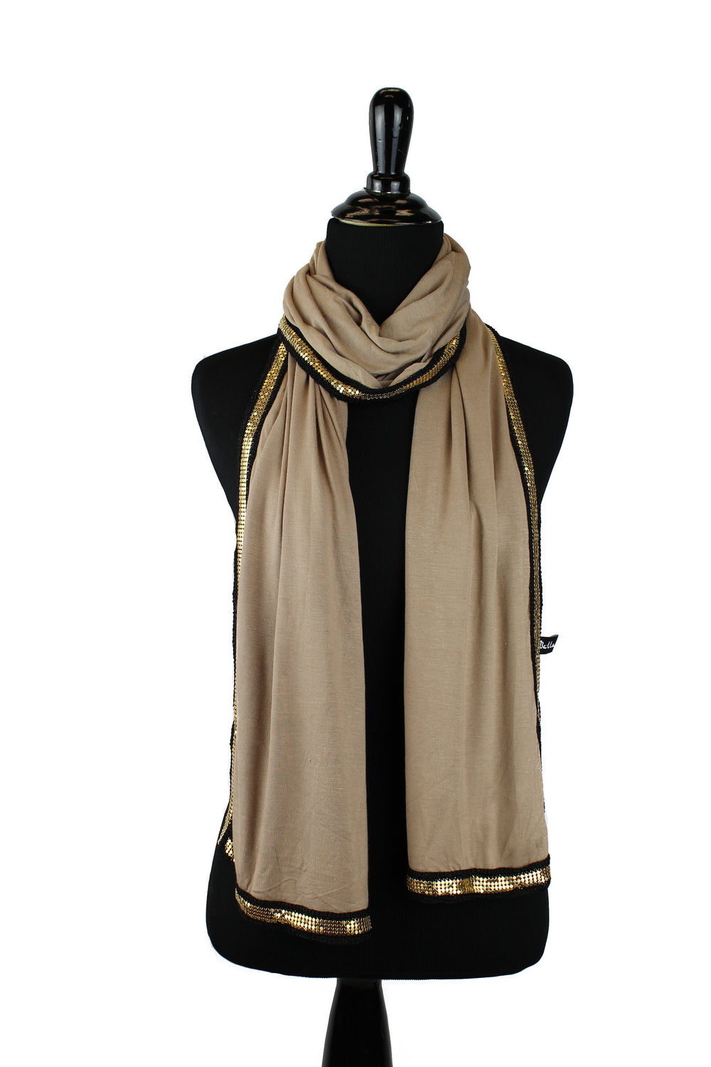 taupe jersey hijab embellished with a gold trim along the edges
