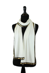 white jersey hijab embellished with a gold trim along the edges
