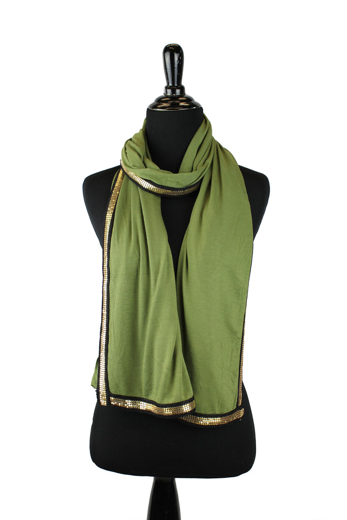 olive jersey hijab embellished with a gold trim along the edges