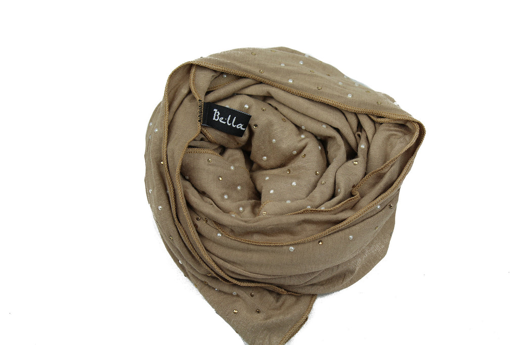 taupe jersey hijab embellished with pearls