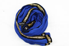 royal blue jersey hijab embellished with a gold trim along the edges