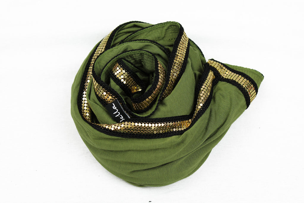 olive jersey hijab embellished with a gold trim along the edges