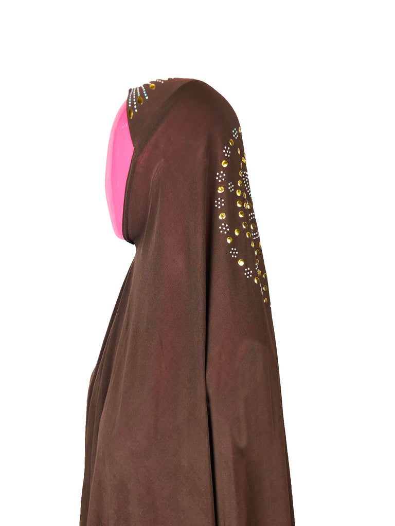 long brown one piece slip on hijab with jewels