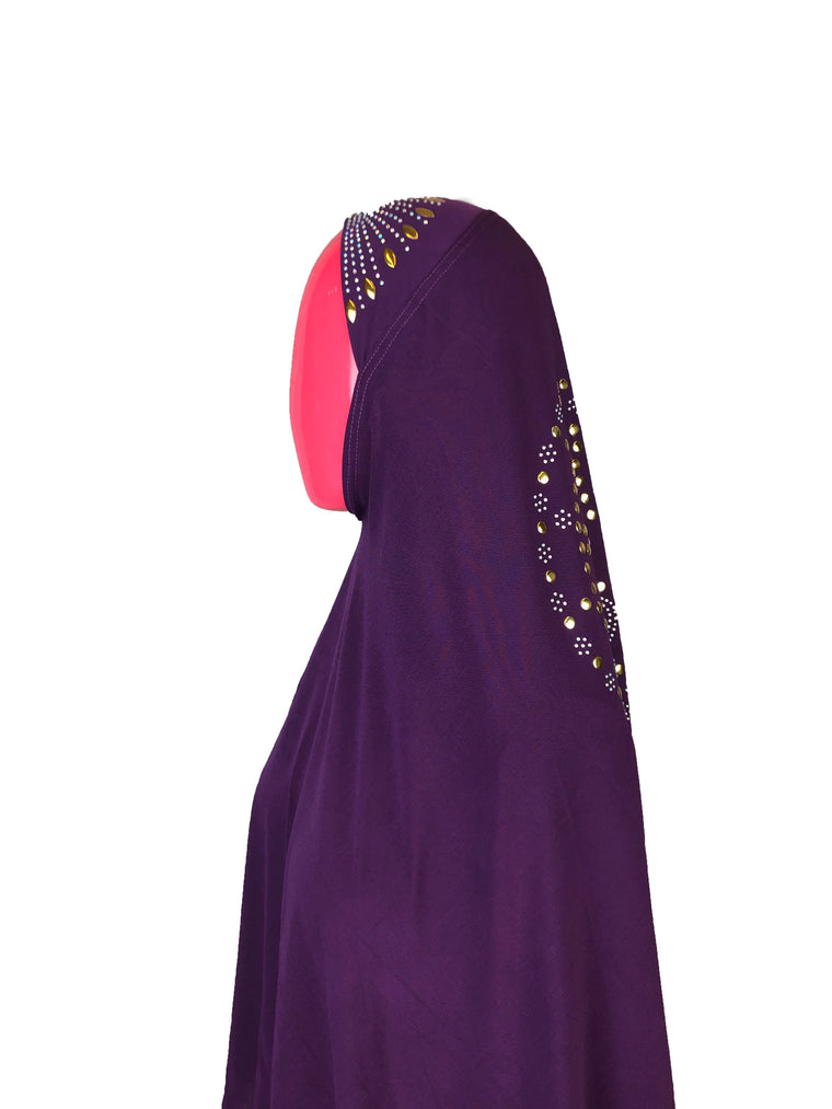 long purple one piece slip on hijab with jewels