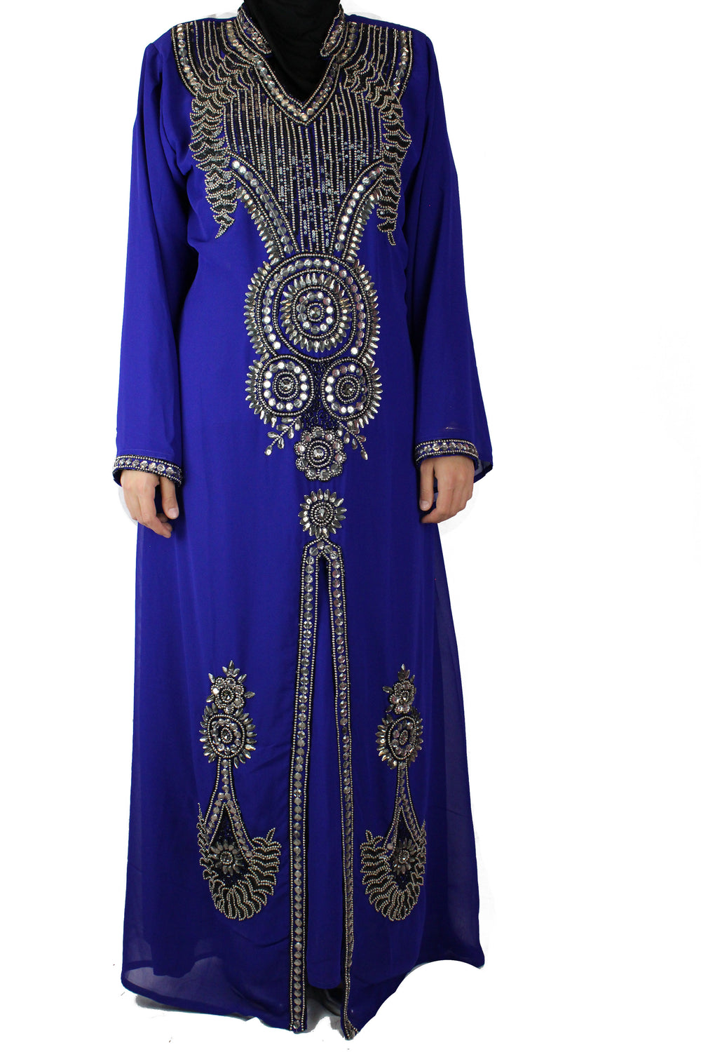 crystal embellished long sleeved kaftan in royal blue