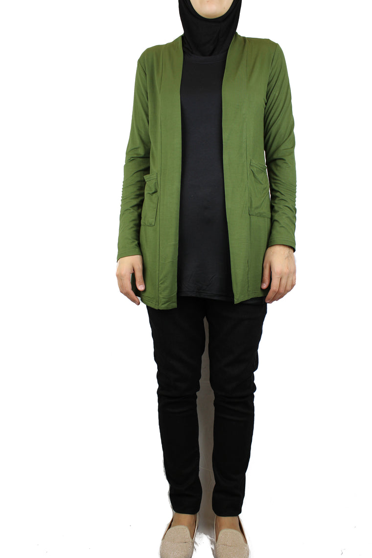 Open Front Cardigan with Pockets - Olive Green