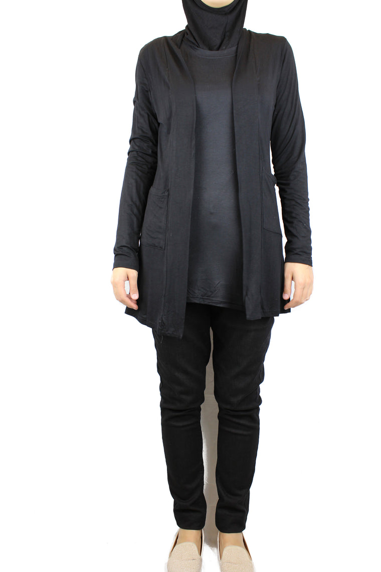 Open Front Cardigan with Pockets - Black