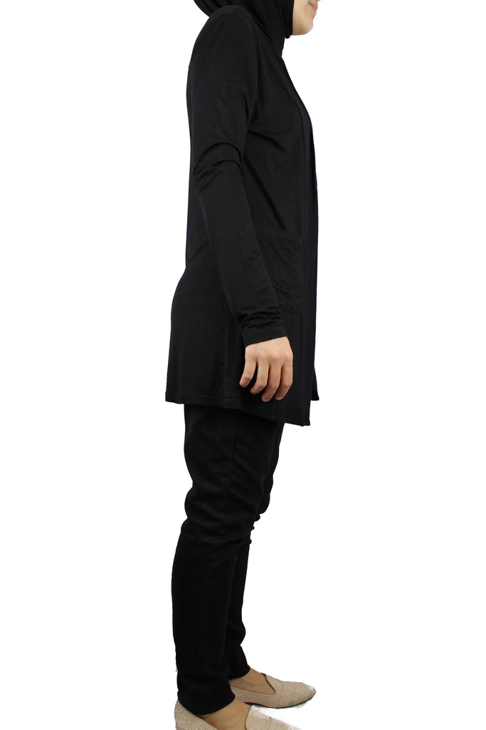 basic black long sleeve cardigan with pockets