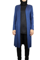 navy blue maxi cardigan with long sleeves and pockets