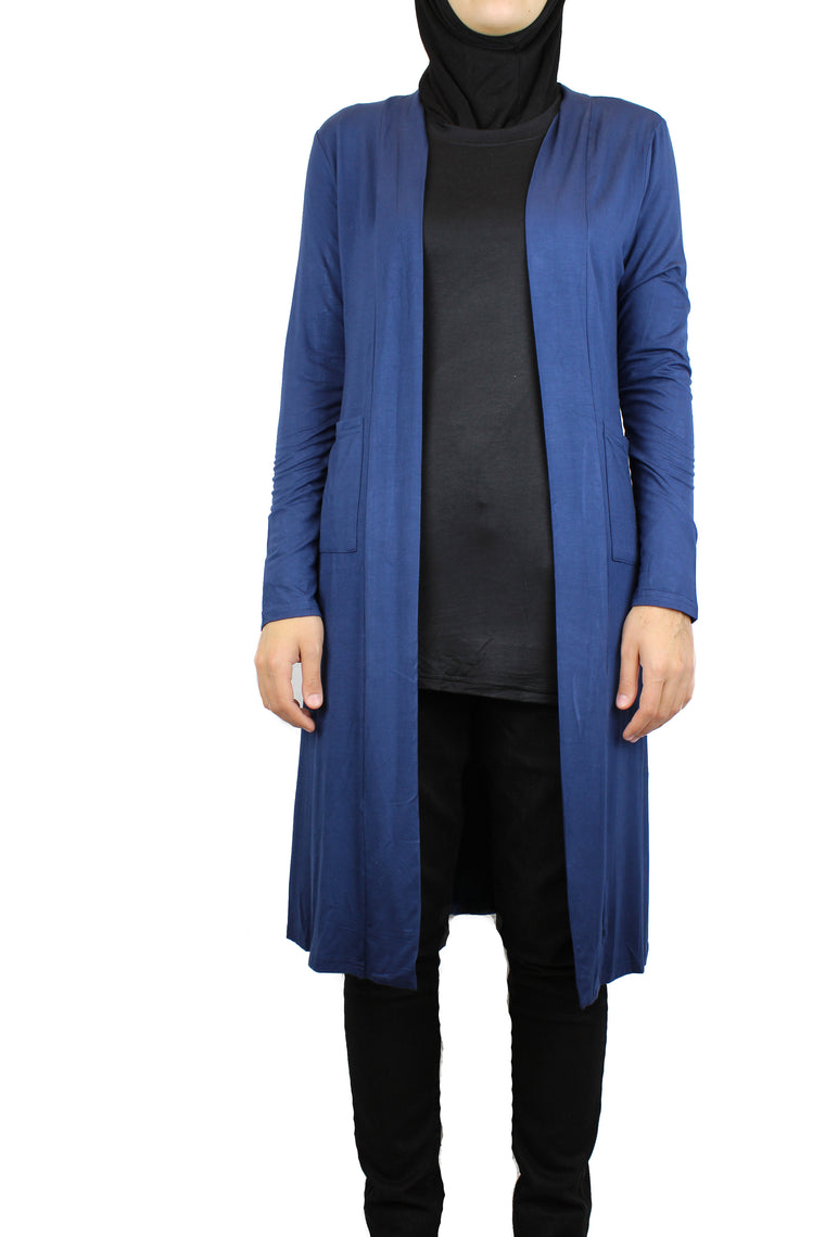 Maxi Open Front Cardigan with Pockets -Navy Blue