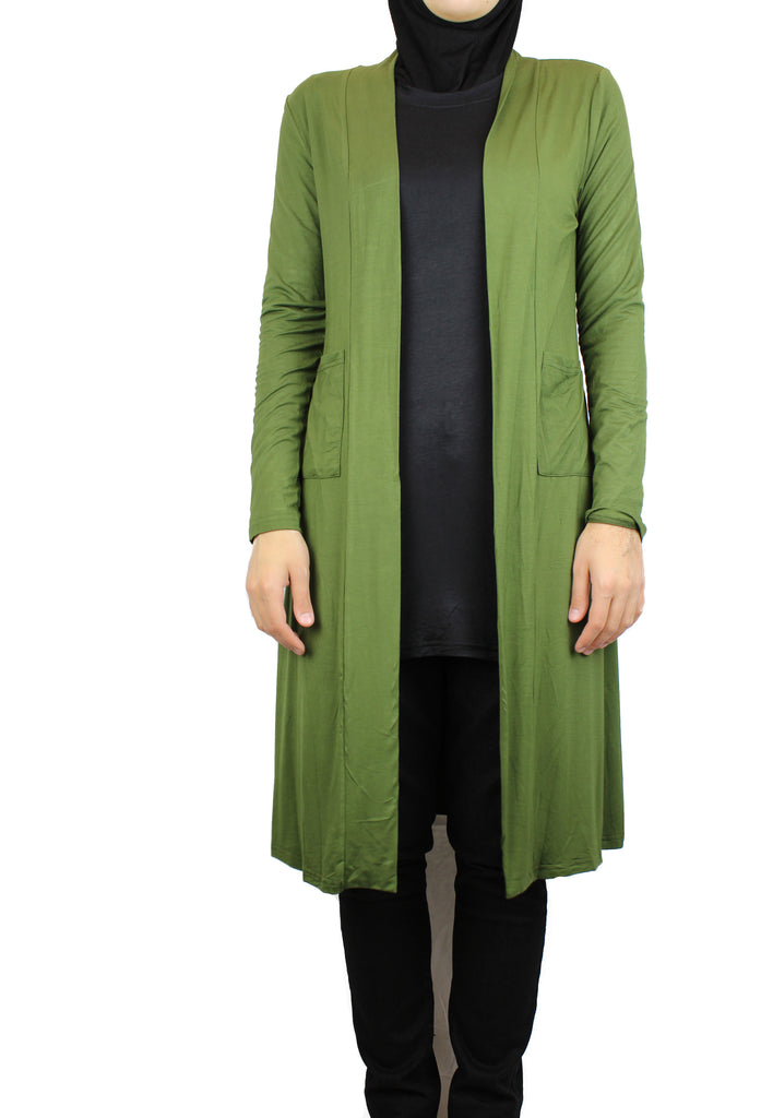 olive green maxi cardigan with long sleeves and pockets