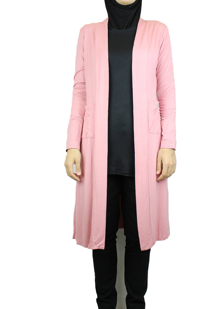 pink maxi cardigan with long sleeves and pockets