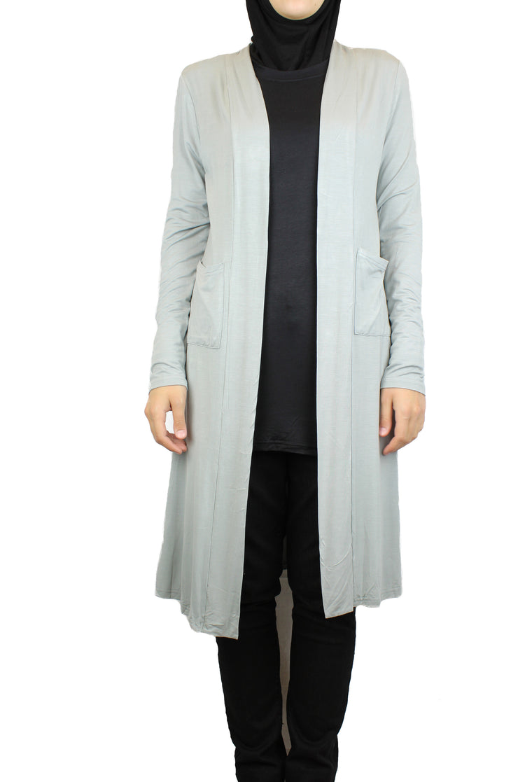 Maxi Open Front Cardigan with Pockets - Gray