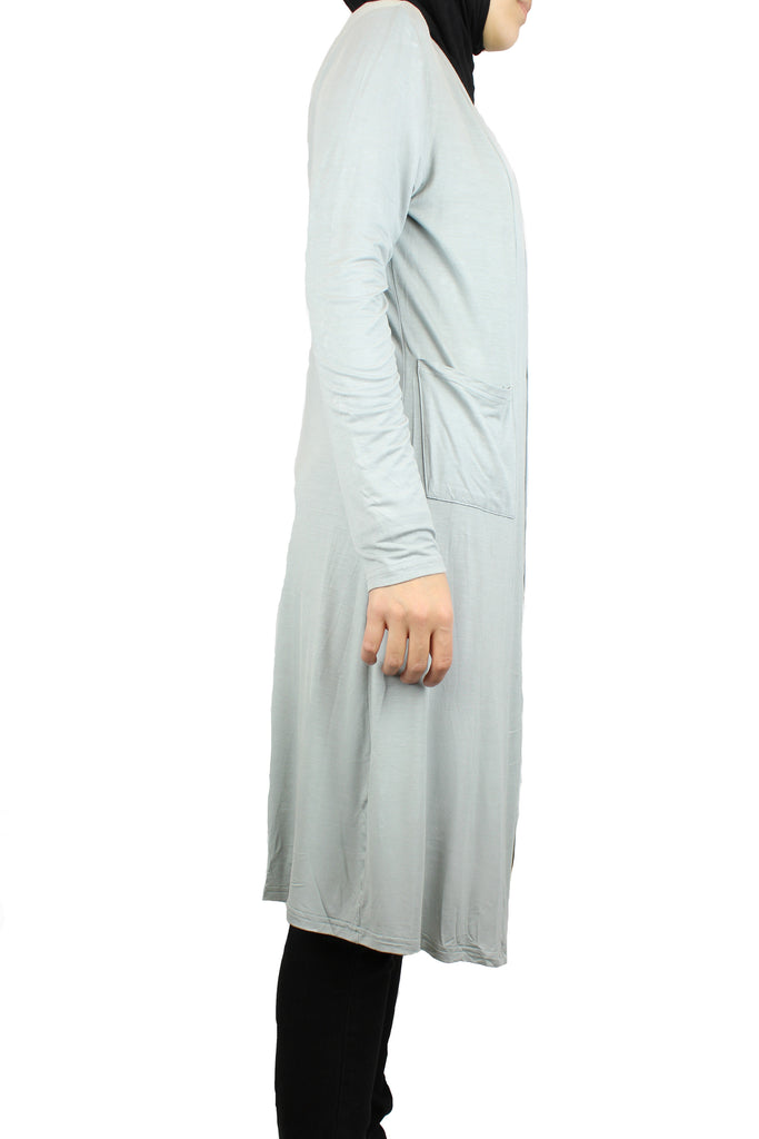 silver maxi cardigan with long sleeves and pockets