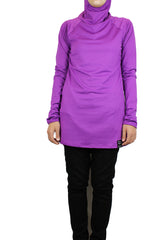 long sleeved workout top in purple with a hijab attached