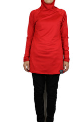 red workout top with long sleeves and a hijab attached