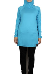cyan blue long sleeved workout top with a hijab attached on a muslim model