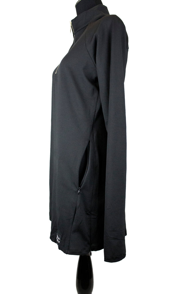 long sleeve long modest black workout top with front chest zipper and side zippers and pockets