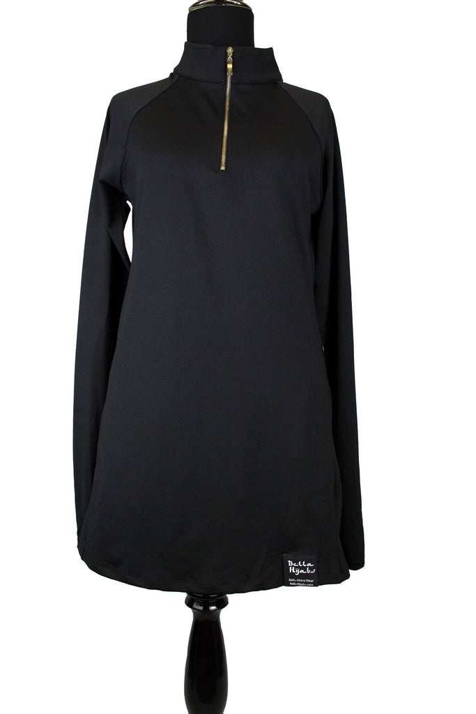 long sleeve long modest black workout top with front chest zipper and side zippers and pockets
