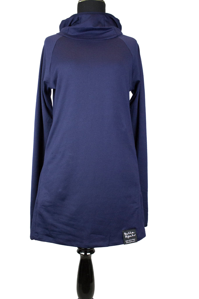 navy workout top with long sleeves and a hijab attached