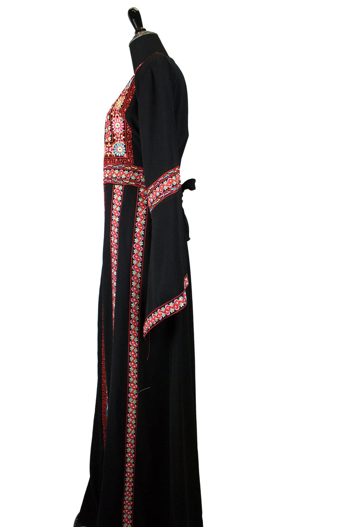 traditional palestinian thobe kaftan with red floral embroidery stitched