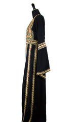 black palestinian thobe with floral embroidery in light pink